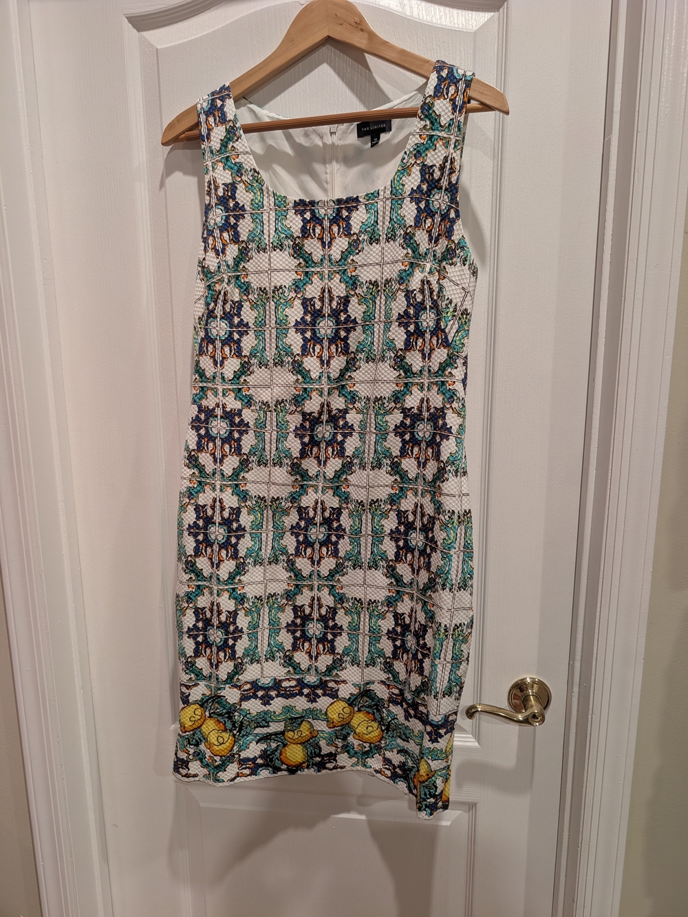 Talbots Sleeveless White Mosaic-Print Shift Dress with Yellow Accent